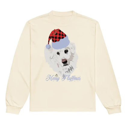 Cream-colored long sleeve shirt featuring a dog in a Santa hat, perfect holiday gift