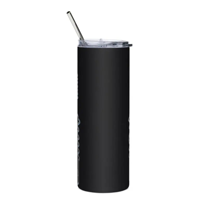 Black stainless steel tumbler with straw lid featuring Halloween designs of Frankenstein