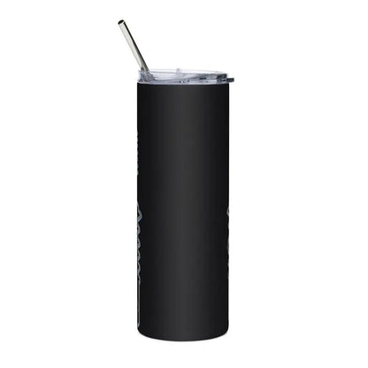 Black stainless steel tumbler with straw lid featuring Halloween designs of Frankenstein