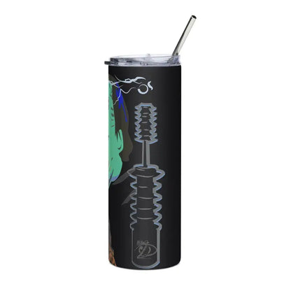 Black stainless steel tumbler featuring Frankenstein Halloween designs with straw