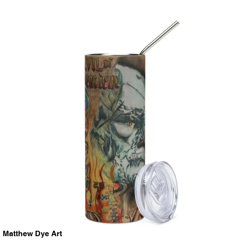 Eerie Skull-themed stainless steel tumbler with straw and lid featuring vintage monster art