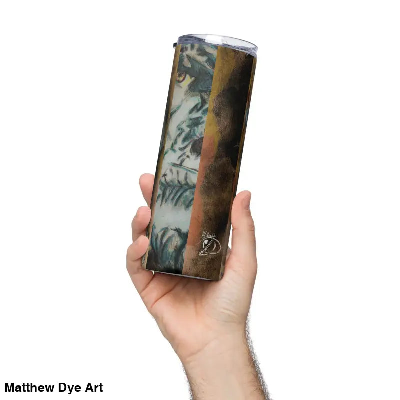 Eerie tiger design on a haunted stainless steel tumbler, Frankenstein Horror art
