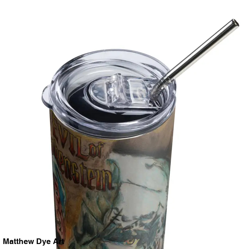 Eerie Frankenstein Horror Stainless Steel Tumbler with straw showcasing vintage monster art