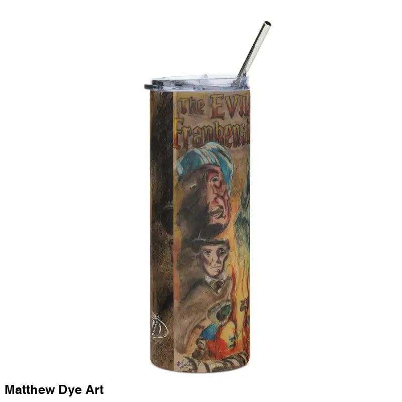 Eerie Frankenstein Horror Stainless Steel Tumbler with straw featuring vintage monster art