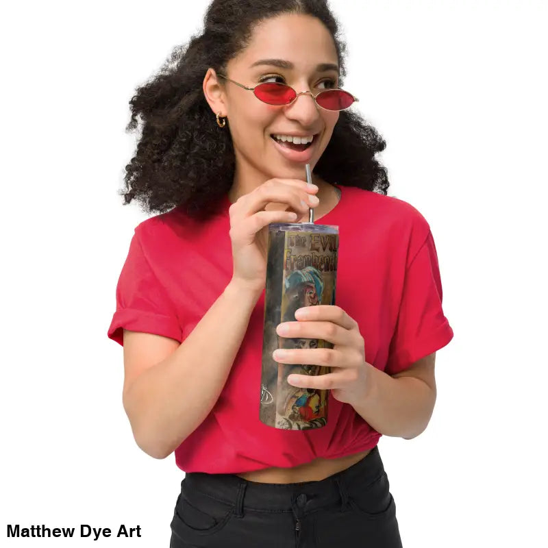 Eerie Frankenstein Horror Stainless Steel Tumbler with straw and vintage monster art design