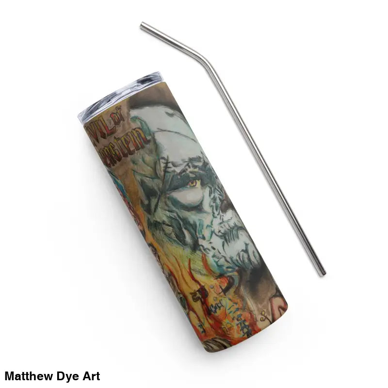 Eerie Tattooed Skull Tumbler with Metal Straw in Vintage Monster Art Design