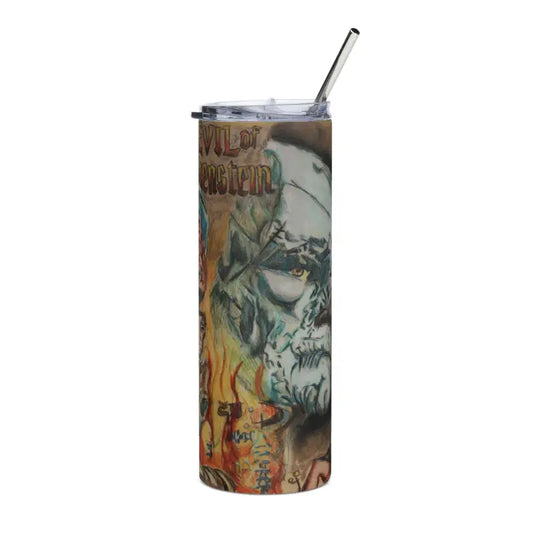 Eerie Frankenstein Horror Stainless Steel Tumbler with straw featuring vintage monster art