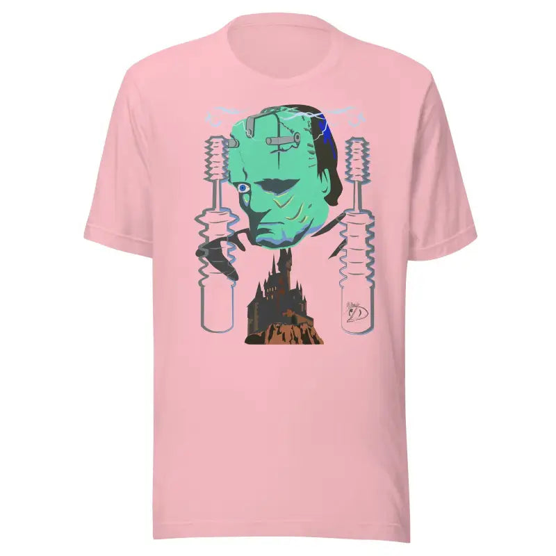 Pink t-shirt with Frankenstein’s monster design by Matthew Dye Art featuring laboratory equipment