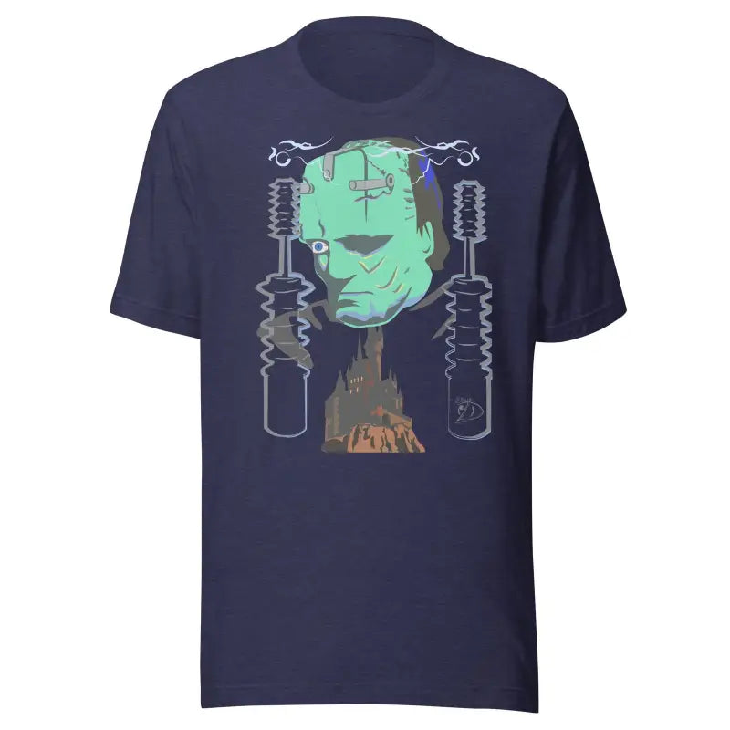 Navy blue t-shirt with Frankenstein’s monster design by Matthew Dye Art featuring electrical coils