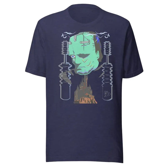 Navy blue t-shirt with Frankenstein’s monster design by Matthew Dye Art featuring electrical coils