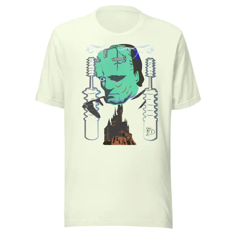 Cream-colored t-shirt with Frankenstein’s monster design by Matthew Dye Art