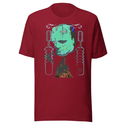 Red t-shirt with green Frankenstein design from Matthew Dye Art, featuring electrical motifs