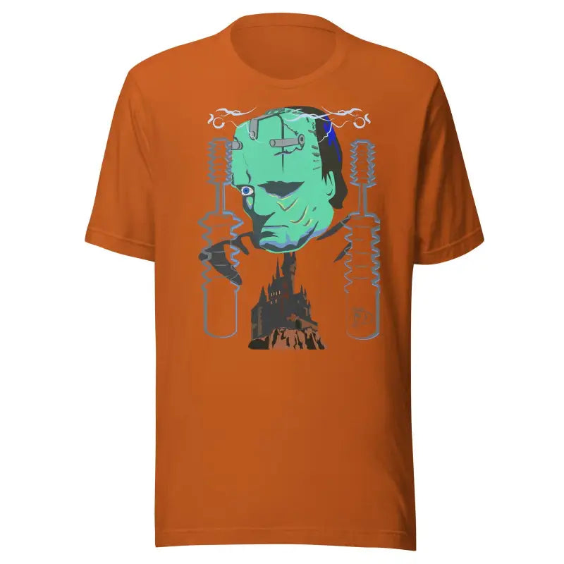 Orange t-shirt with turquoise Frankenstein design, by Matthew Dye Art, showcasing unique style