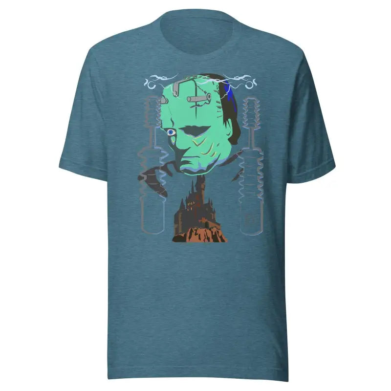 Slate blue t-shirt with Frankenstein design by Matthew Dye Art in turquoise and gray tones