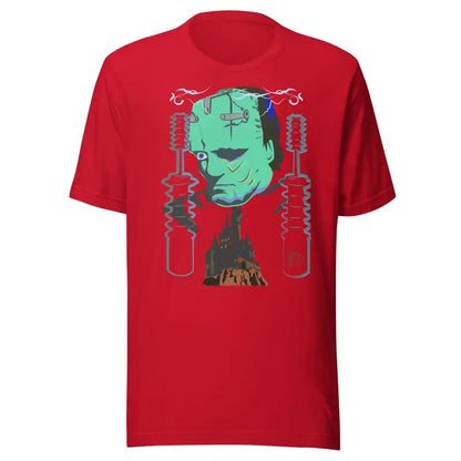 Red t-shirt with turquoise Frankenstein’s monster design by Matthew Dye Art