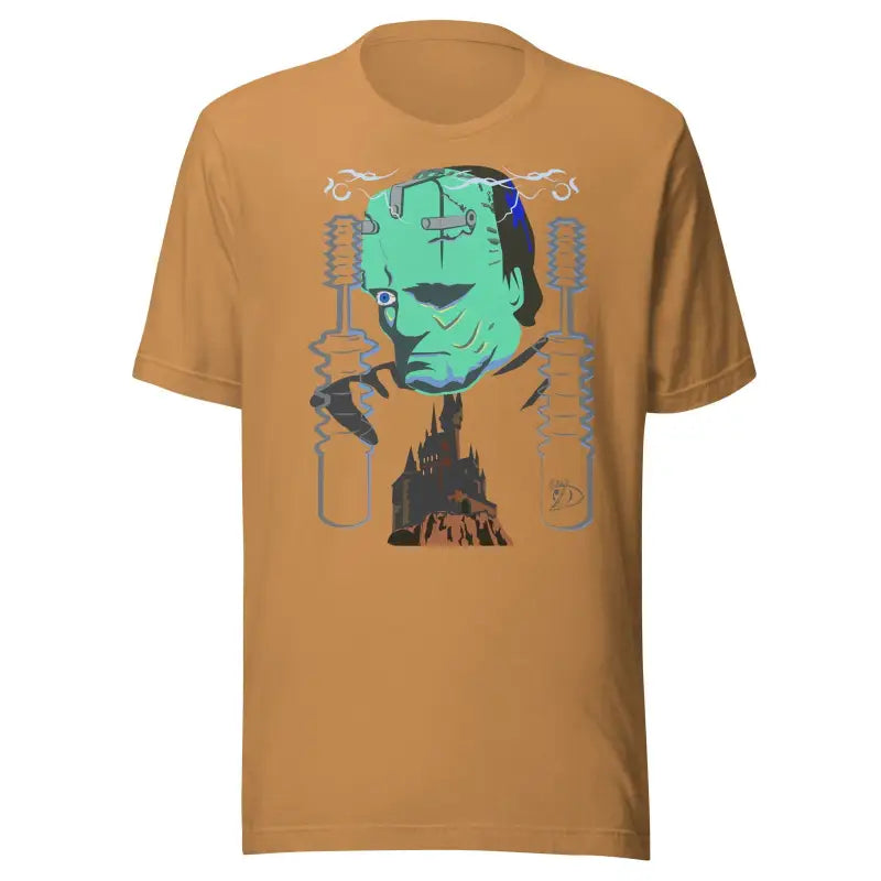 Brown t-shirt with turquoise Frankenstein’s monster design by Matthew Dye Art