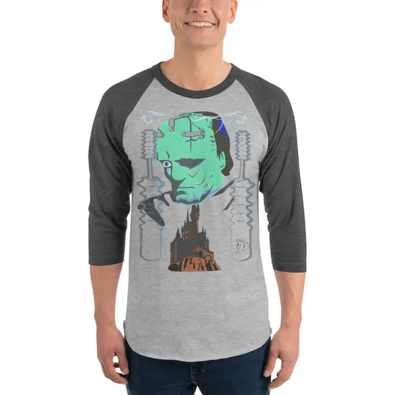 Turquoise monster head graphic on Frankenstein’s Awakening 3/4 sleeve raglan shirt