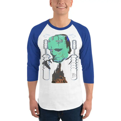 Baseball-style sleeve raglan shirt featuring Frankenstein graphic on blue sleeves