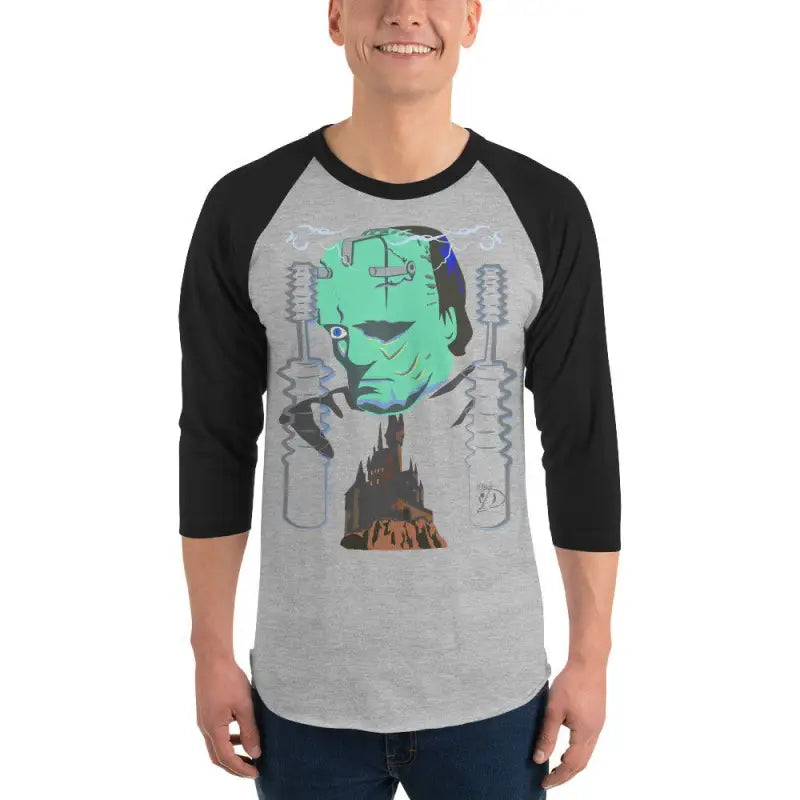 Frankenstein’s Awakening graphic on a classic 3/4 sleeve raglan shirt for Halloween