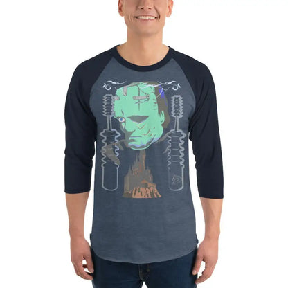 Frankenstein graphic design on a 3/4 sleeve raglan shirt for stylish Halloween apparel