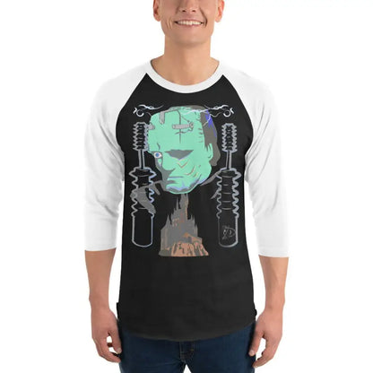 Frankenstein’s Awakening graphic on a 3/4 sleeve raglan shirt for stylish fans