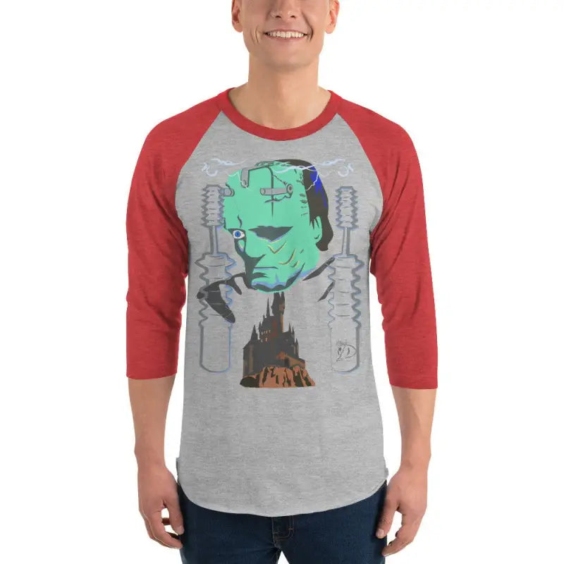 Baseball-style sleeve raglan shirt featuring a Frankenstein monster graphic design