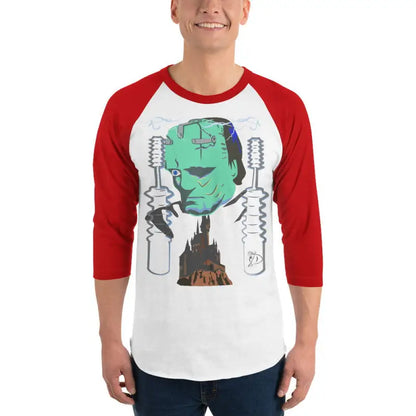 Baseball-style 3/4 sleeve raglan shirt featuring a Frankenstein monster graphic design