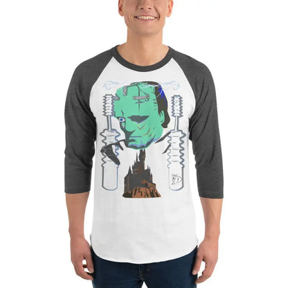 Baseball-style sleeve raglan shirt featuring Frankenstein’s Awakening graphic design