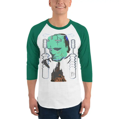 Baseball-style sleeve raglan shirt with green sleeves and Frankenstein monster graphic design