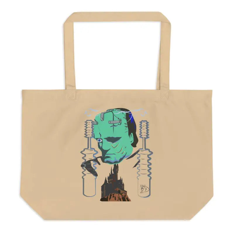 Tan organic cotton tote bag with green Frankenstein design and lab test tubes