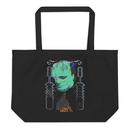 Black organic cotton tote bag featuring a Frankenstein’s monster design with bolts