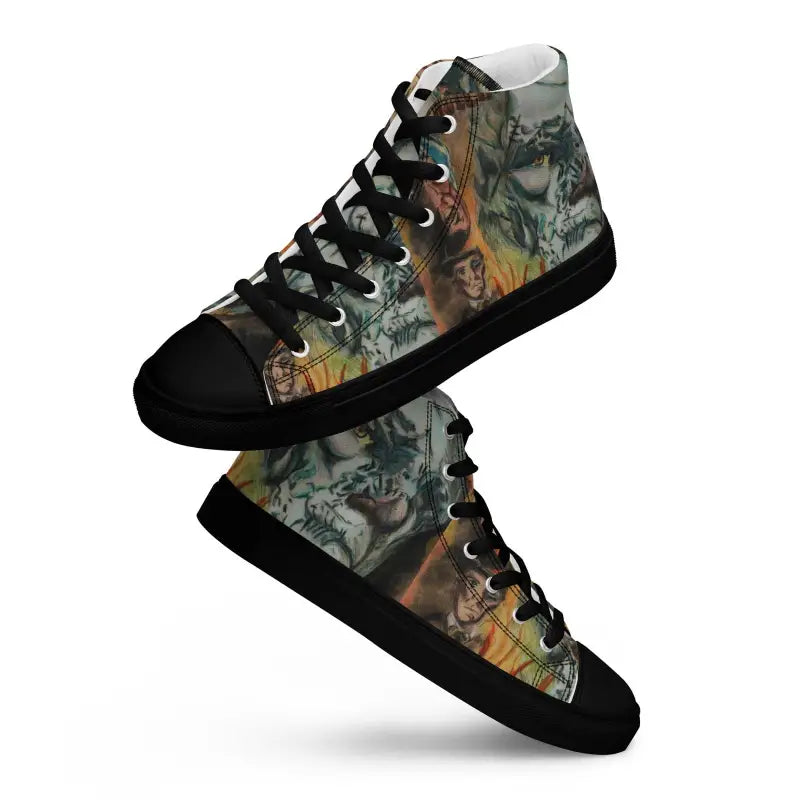 High-top sneakers featuring dinosaur graphic print and black trim from Vintage Horror High Tops