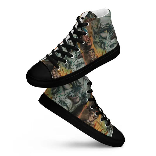 High-top sneakers featuring dinosaur graphic print and black trim from Vintage Horror High Tops