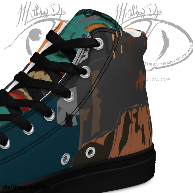 High-top sneaker featuring abstract design in teal, brown, and black from Vintage Horror High Tops