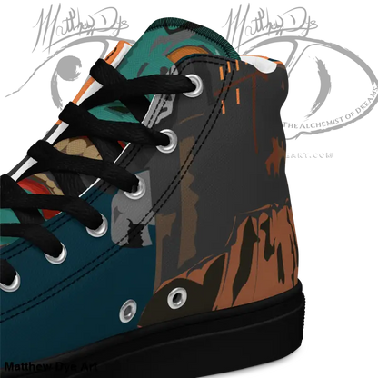 High-top sneaker featuring abstract design in teal, brown, and black from Vintage Horror High Tops