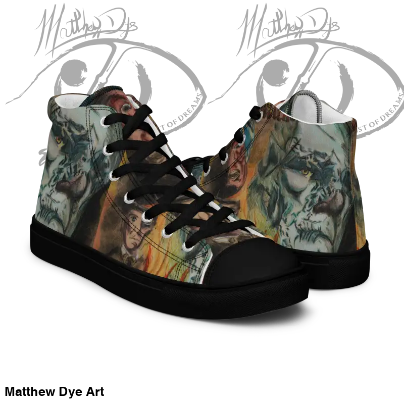 High-top sneakers with dinosaur jungle print in Vintage Horror High Tops by Matthew Dye Art