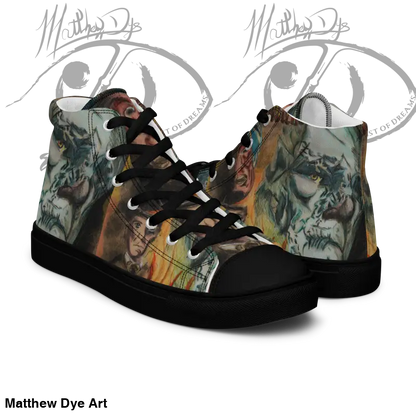 High-top sneakers with dinosaur jungle print in Vintage Horror High Tops by Matthew Dye Art