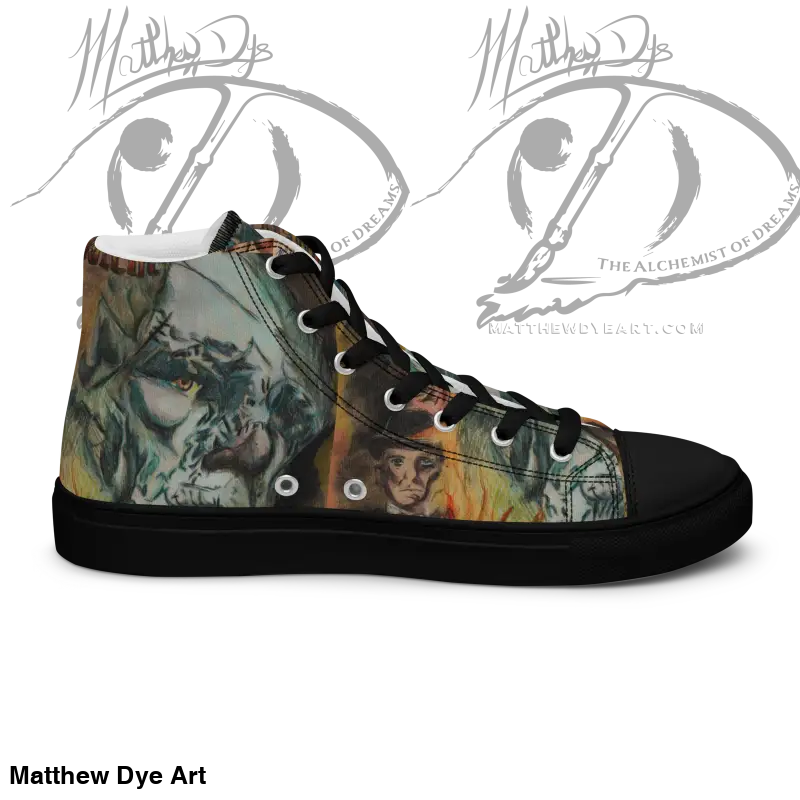 High-top sneaker featuring Matthew Dye art with vintage horror high graphics in green and orange