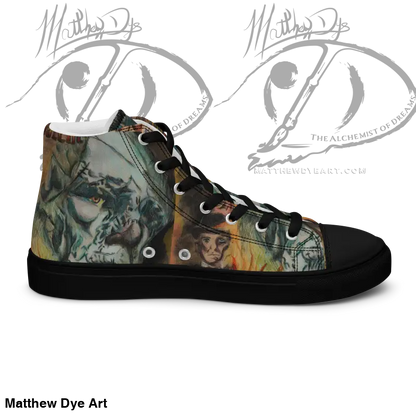 High-top sneaker featuring Matthew Dye art with vintage horror high graphics in green and orange