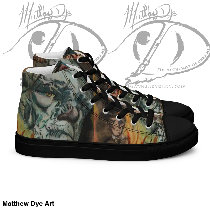 High-top sneaker featuring Matthew Dye art in a vintage horror high design with dragons