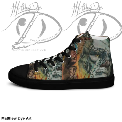 High-top sneaker featuring Matthew Dye art with dragons in Vintage Horror High design