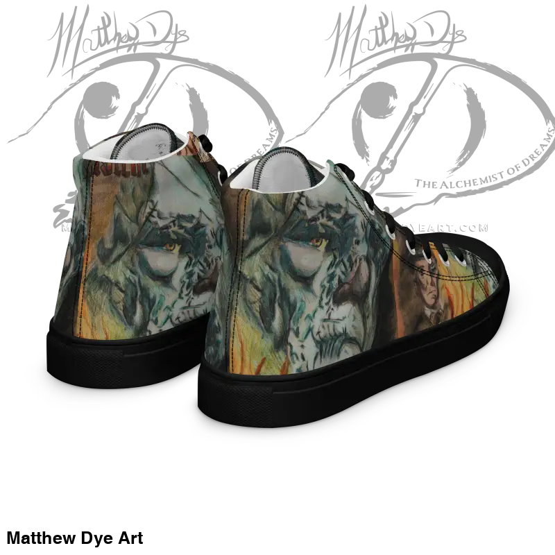 High-top sneakers featuring camouflage print and black soles from Vintage Horror High collection