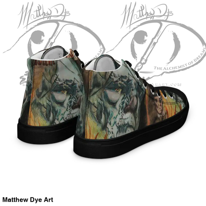 High-top sneakers featuring camouflage print and black soles from Vintage Horror High collection