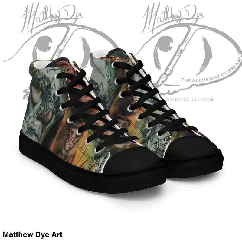 High-top sneakers featuring Matthew Dye art in a vintage horror high design with dragons