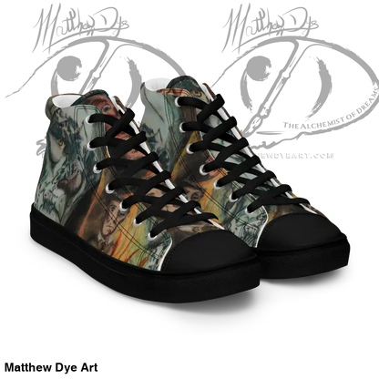 High-top sneakers featuring Matthew Dye art in a vintage horror high design with dragons