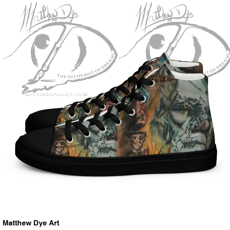 High-top sneaker featuring Matthew Dye art, vintage horror high design with dinosaurs