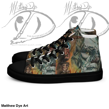 High-top sneaker featuring Matthew Dye art, vintage horror high design with dinosaurs