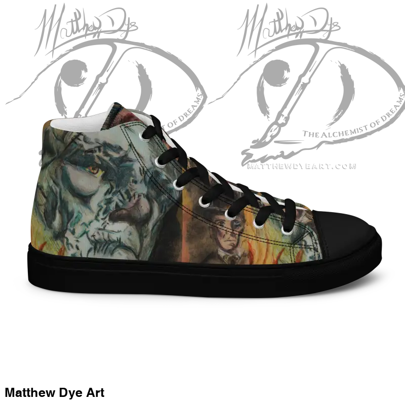 High-top sneaker featuring Matthew Dye art on canvas, perfect for vintage horror high themes