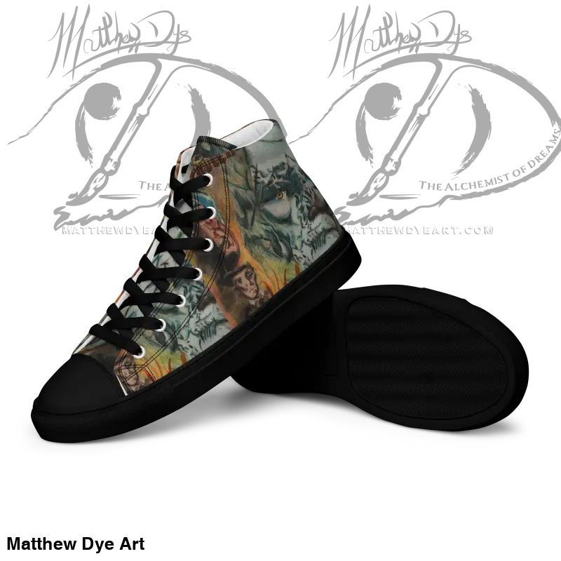 High-top sneaker featuring Matthew Dye art in a vintage horror high design with dragons