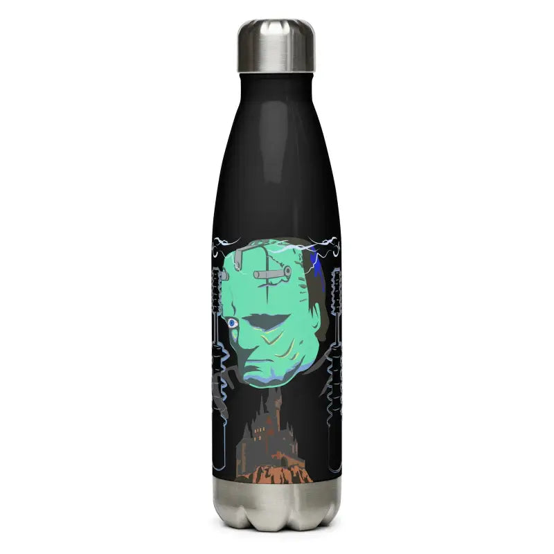 Black stainless steel water bottle with Frankenstein’s monster design in turquoise hues